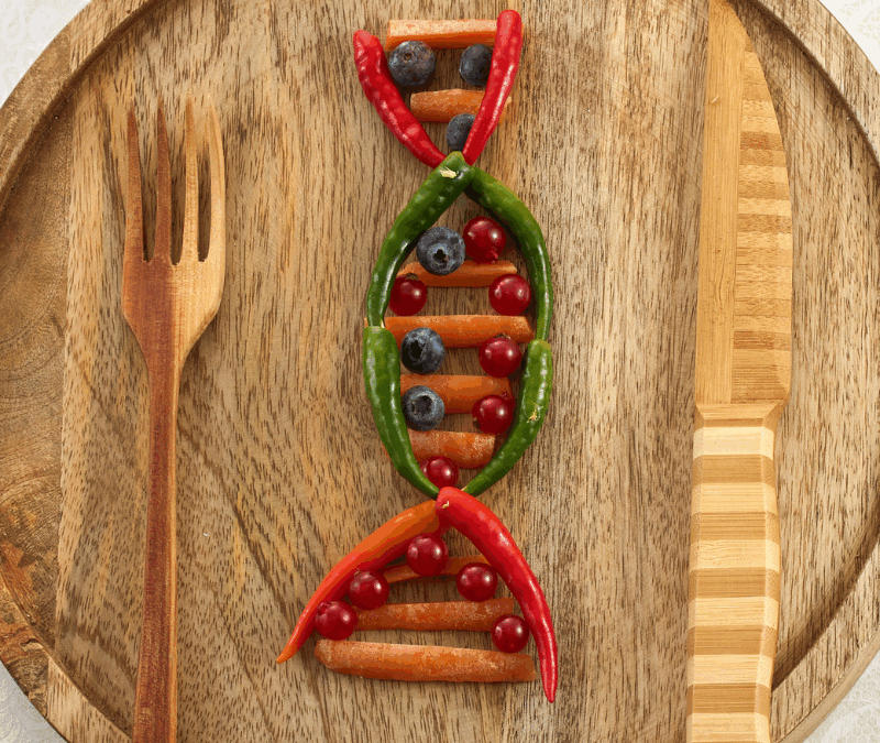 plate of nutritious food arranged in the shape of a DNA helix